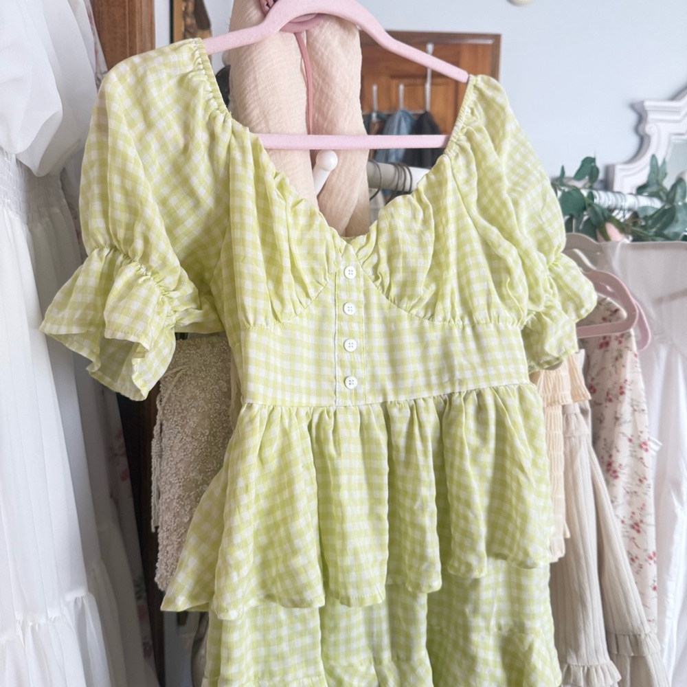 Light Green Gingham Ruffled Romper - image 2
